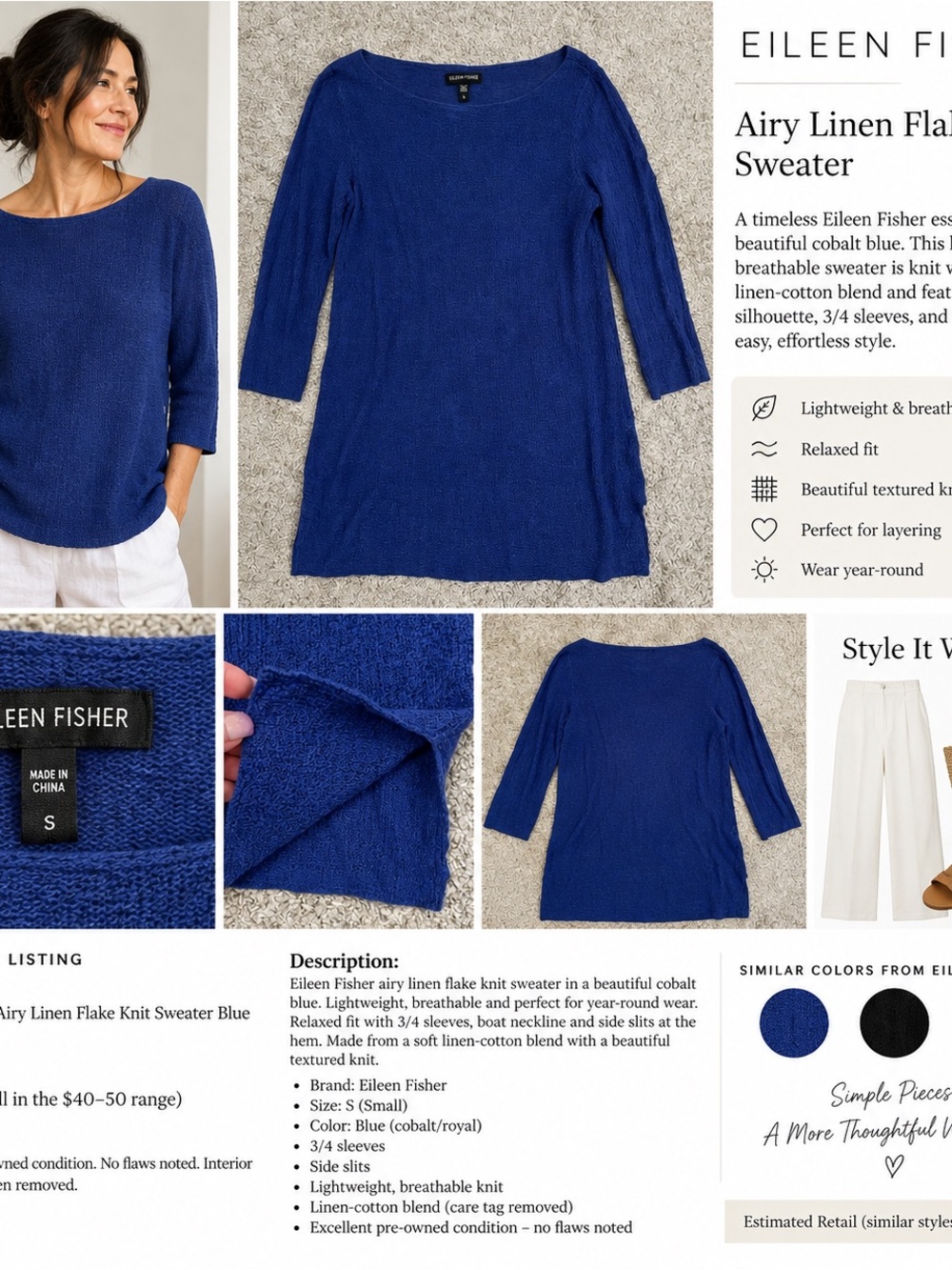 Eileen Fisher Blue Linen Cotton Flake Knit Tunic Sweater S
